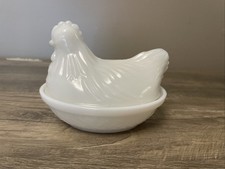 Prato vintage de vidro leitoso branco Hazel Atlas frango no ninho comprar usado  Enviando para Brazil