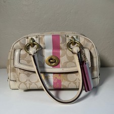 Bolsa satchel Coach Heritage listrada pequena cúpula marrom rosa branca, usado comprar usado  Enviando para Brazil