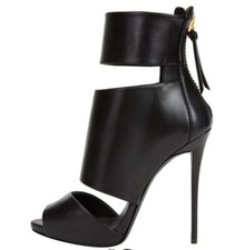 Sandálias femininas de couro ecológico preto biqueira aberta traseira zíper salto agulha alto botas comprar usado  Enviando para Brazil