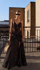 VESTIDO MAXI DE CHIFFON PRETO E DOURADO AUTORRETRATO US$ 655 TAMANHO EUA 4 (Reino Unido 8), usado comprar usado  Enviando para Brazil
