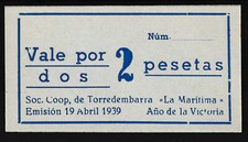BILLETE TORREDEMBARRA 2 PESETAS 1937 - EMISION 1939 - COOPERATIVA - LA MARITIMA comprar usado  Enviando para Brazil