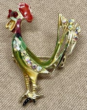 Usado, Antigo Broche Galo Galinha Pássaro Esmalte Tom Dourado AB Aurora Boreal Strass comprar usado  Enviando para Brazil