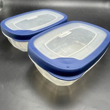 2 recipientes Rubbermaid Servin Saver “A” tampas transparentes com acabamento azul 1,7 pt oblongo EZ, usado comprar usado  Enviando para Brazil