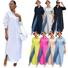 Camisa feminina cor sólida manga comprida colarinho vestido blusa longa roupa exterior, usado comprar usado  Enviando para Brazil