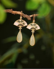 Brincos de jade chineses antigos em forma de fã feitos à mão acessórios étnicos de cânhamo presente comprar usado  Enviando para Brazil