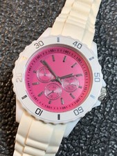 Exhilaration relógio feminino mostrador rosa pulseira de borracha branca moldura giratória quartzo comprar usado  Enviando para Brazil