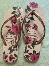 Chinelos Havaianas femininos tamanho 11/12… padrão floral hibisco rosa verde comprar usado  Enviando para Brazil