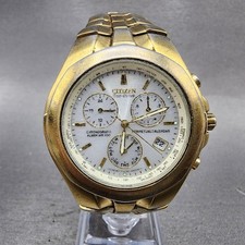 Usado, Citizen Eco-Drive relógio cronógrafo masculino 39mm mostrador branco tom dourado E820 PEÇAS comprar usado  Enviando para Brazil