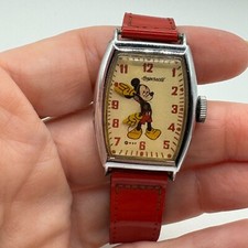 Relógio Mickey Mouse vintage da década de 1940 US Time com pulseira de couro vermelha, usado comprar usado  Enviando para Brazil