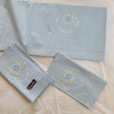 Juego de sábanas planas y fundas de almohada con apliques florales vintage de 3 piezas QUEEN azul NUEVO segunda mano  Embacar hacia Mexico