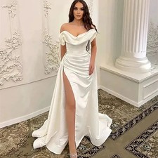 Elegantes vestidos de noiva de cetim sem costas fora do ombro alto dividido civil vestido de noiva comprar usado  Enviando para Brazil