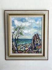 Pintura al óleo modernista abstracta sueca enmarcada grande paisaje costero costero segunda mano  Embacar hacia Mexico