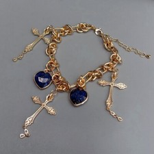 Pulseira de corrente folheada a ouro 8" lápis azul crucifixo em forma de coração Cz Pavê comprar usado  Enviando para Brazil