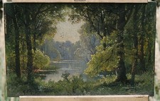 Karl Vikas (1897–1934) – Krajobraz leśny nad jeziorem – olej na kartonie – podpisany na sprzedaż Karl Vikas (1897–1934) – Krajobraz leśny nad jeziorem – olej na kartonie – podpisany na sprzedaż  PL