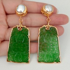 Brincos pendurados esculpidos em jade verde pérola branca cultivada comprar usado  Enviando para Brazil