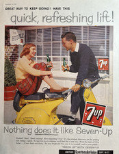 Refrigerante Seven UP elevação refrescante rápida Vespa scooter cintilante impressão vintage anúncio 1958 comprar usado  Enviando para Brazil