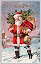 Cartão postal de Natal Patriotic Santa em casaco vermelho e calças azuis, bandeira americana, brinquedos comprar usado  Enviando para Brazil