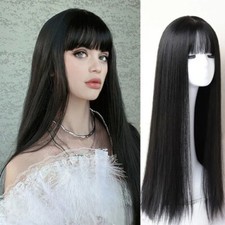 Peruca de fibra sintética longa cabelo preto tecido cabeça completa conjunto cabelo liso com franjas comprar usado  Enviando para Brazil
