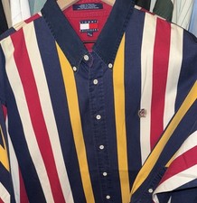 Camisa masculina vintage anos 1990 Tommy Hilfiger 2XL XXL azul branca vermelha amarela brasão de leão comprar usado  Enviando para Brazil