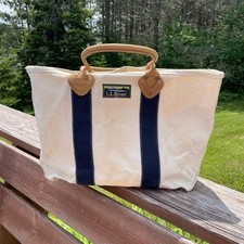 Usado, LL Bean Vintage Barco e Bolsa Tote Alças de Couro Lona Azul Marfim 17x11x8 Descolorido comprar usado  Enviando para Brazil