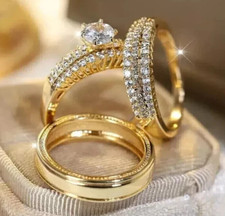Usado, Conjunto de trio de anéis de prata 925 com acabamento em ouro amarelo 14K com diamante simulado para noivos comprar usado  Enviando para Brazil