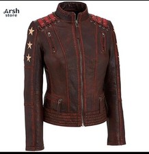 Jaqueta de couro feminina Red Star motociclista slim fit estilo moto vintage streetwear, usado comprar usado  Enviando para Brazil