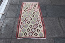 Używany, Vintage Tradycyjna ręcznie robiona orientalna wełna Biała Krótki Kilim Runner 130x69cm na sprzedaż  Wysyłka do Poland
