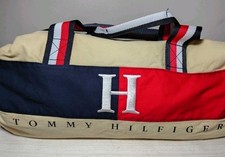 Bolsa de viagem Tommy Hilfiger Duffel Barrel azul marinho vermelho branco logotipo lona redonda academia comprar usado  Enviando para Brazil