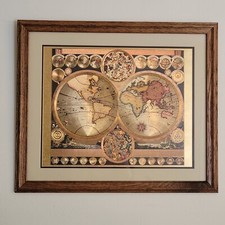 Mapa do mundo dos anos 70 folha de ouro PETER SCHENK Planisphaerium Terrestre carvalho maciço emoldurado comprar usado  Enviando para Brazil