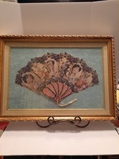 1912 Victorin Fan 3 senhoras e 3 flores em um ventilador de mão, emoldurado perfeito Grannychic comprar usado  Enviando para Brazil