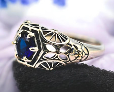 ANEL DE SAFIRA SIMULADO ESTILO VINTAGE 925 PRATA ESTERLINA SÓLIDA AZUL ROYAL 1790, usado comprar usado  Enviando para Brazil