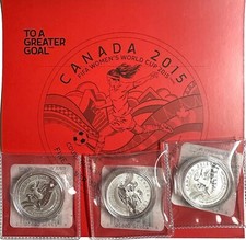 2015 $20$ por $20 1/4 oz prata Copa do Mundo Feminina FIFA conjunto de 3 moedas e certificado de autenticidade comprar usado  Enviando para Brazil