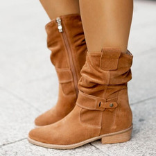 Botas de tornozelo femininas quentes planas de camurça sintética salto baixo liso com zíper sapatos de cowboy, usado comprar usado  Enviando para Brazil
