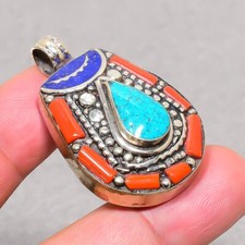 Colgante Nepalí Joyería Hecha a Mano Coral Turquesa Tibetana Lapislázuli 1.6" SR 183 segunda mano  Embacar hacia Mexico
