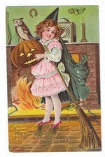 Cartão postal de Halloween menina com vassoura coruja JOL comprar usado  Enviando para Brazil