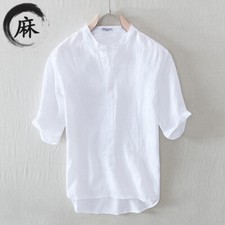 Camisa branca fresca manga cinco quartos colarinho cor sólida linho novo verão comprar usado  Enviando para Brazil