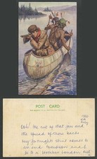 Cartão postal X Walton assinado por artista americano vermelho índio canoa barco caçador arma comprar usado  Enviando para Brazil