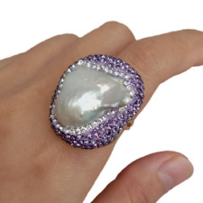 Anel ajustável pavê de cristal roxo pérola barroca branca cultivada comprar usado  Enviando para Brazil