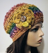 gorro feminino de crochê feito à mão flor listras arco-íris puffs EUA comprar usado  Enviando para Brazil