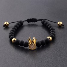 Pulseira masculina de zircão cúbico folheada a ouro 24kt coroa miçangas macramê da moda comprar usado  Enviando para Brazil