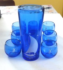 Vtg Hazel Atlas Niebieski szklany żaglówka Ptak Koktajl Shaker + 8 szklanek Roly Poly na sprzedaż  Wysyłka do Poland
