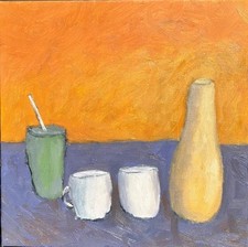 Pintura a óleo original assinada “Vaso e Copos Brancos” por Atchie. 12”x12” em tela., usado comprar usado  Enviando para Brazil