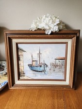 Pintura a óleo texturizada náutica vintage 1970 paisagem marítima emoldurada 15 x 12,75 comprar usado  Enviando para Brazil