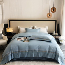 Conjunto de lençóis de cama 600TC algodão bordado listra azul cinza macio capa de edredom comprar usado  Enviando para Brazil