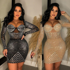 Vestido de festa curto moda feminina manga comprida sem alças strass bodycon comprar usado  Enviando para Brazil
