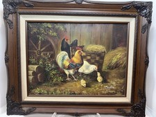 Pintura a óleo original vintage galinha galo cena celeiro assinado castelo moldura ornamentada comprar usado Pintura a óleo original vintage galinha galo cena celeiro assinado castelo moldura ornamentada comprar usado  Enviando para Brazil
