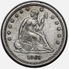 Cuarto Libertad Sentada 1863, Duro Mejor Fecha Guerra Civil Edición 25c segunda mano  Embacar hacia Mexico