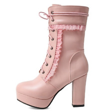 Botas femininas de panturrilha média plataforma linda doce com cadarço rosa sapatos Lolita tamanho grande, usado comprar usado  Enviando para Brazil