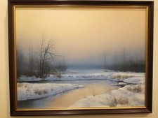 Obraz olejny Lewicki 1991, zimowy pejzaż, 90x70 cm, z ramą 100x80 cm na sprzedaż  PL