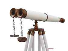 Antiguo binocular victoriano náutico de latón de 18" de cuero blanco y trípode de madera segunda mano  Embacar hacia Mexico